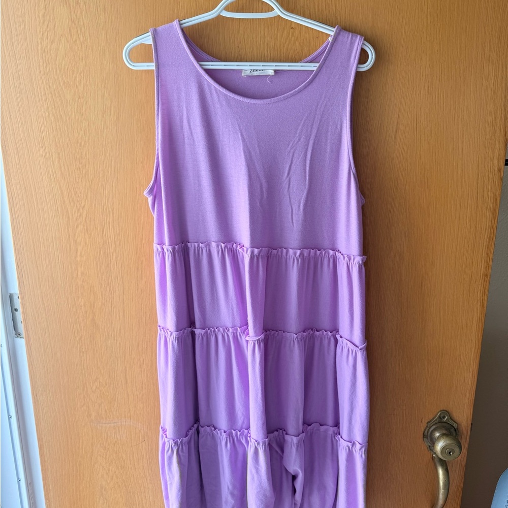 Zenana Sleeveless Jersey Ruffle Tiered Knee Length Swing Midi Dress